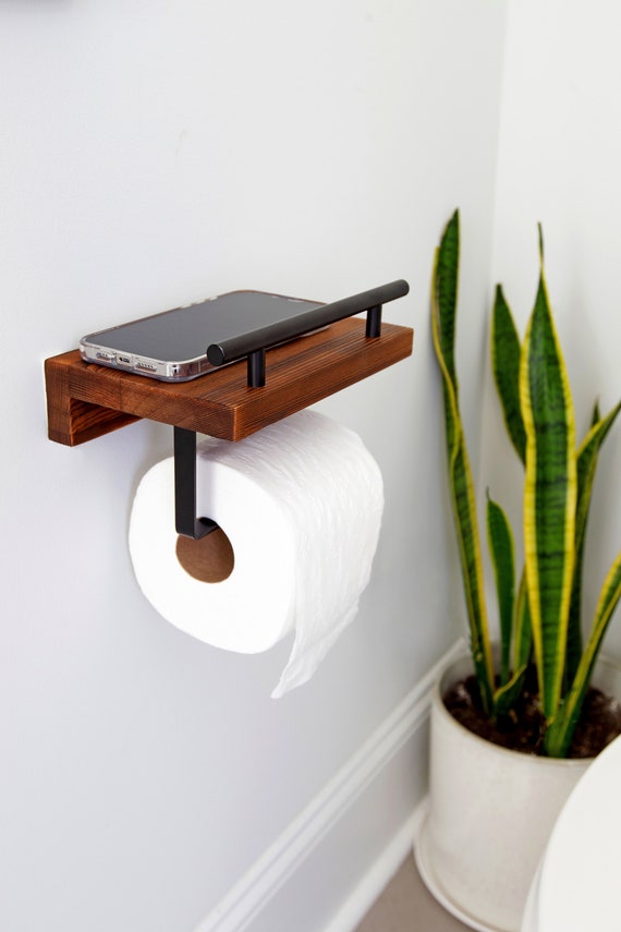 Wood Toilet Paper Holder With Shelf- Wall Mounted Rustic Modern Farmhouse