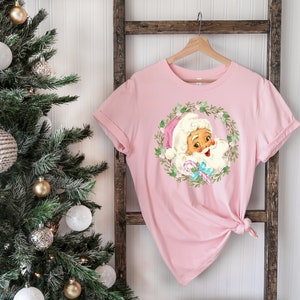 Pink Santa Tshirt, Womens Christmas Shirt, Holiday Tee Girls Cute Santa Retro Santa Shirt Pastel Bella Tee Christmas Vibes