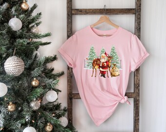 Santa Reindeer Pink Christmas Tee, Santa Tee, Reindeer Tee, Santa Reindeer Shirt, Christmas Shirt, Vintage Christmas, Vintage Santa Reindeer