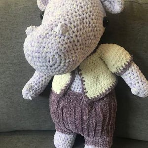 Könnte beinhalten: Ein gehäkeltes lila und weißes Nilpferd, das eine gelbe und weiße gehäkelte Jacke und eine lila Hose trägt.