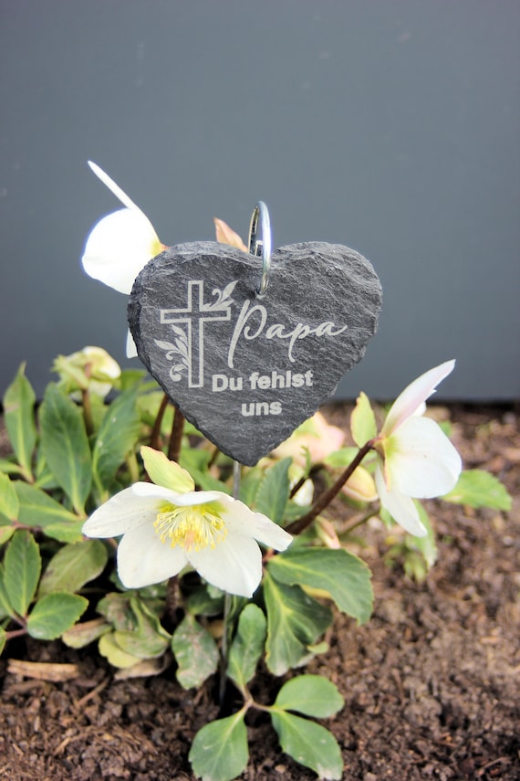 Grabstecker Schiefer-Herz mit Gravur, Grabschmuck aus Stein personalisiert, Gedenktafel, Trauergeschenk