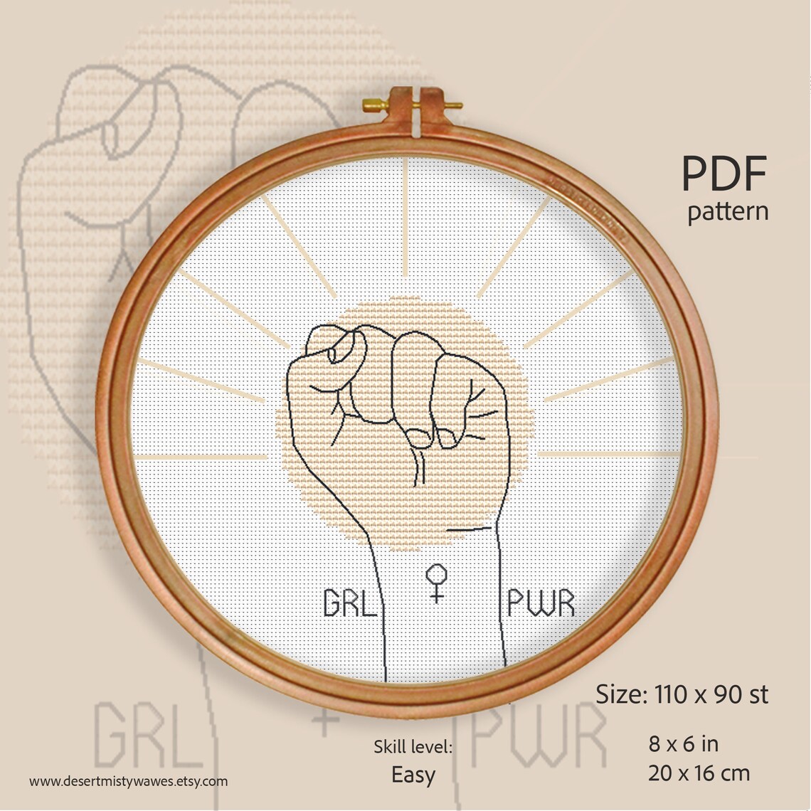 GRL PWR fist feminist cross stitch PDF pattern abstract Etsy