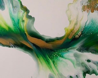 Dutch Pour Painting on 12" x 24" Canvas, "Green Noise", Original One of A Kind Artwork