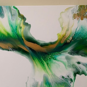 Dutch Pour Painting on 12&quot; x 24&quot; Canvas, &quot;Green Noise&quot;, Original One of A Kind Artwork