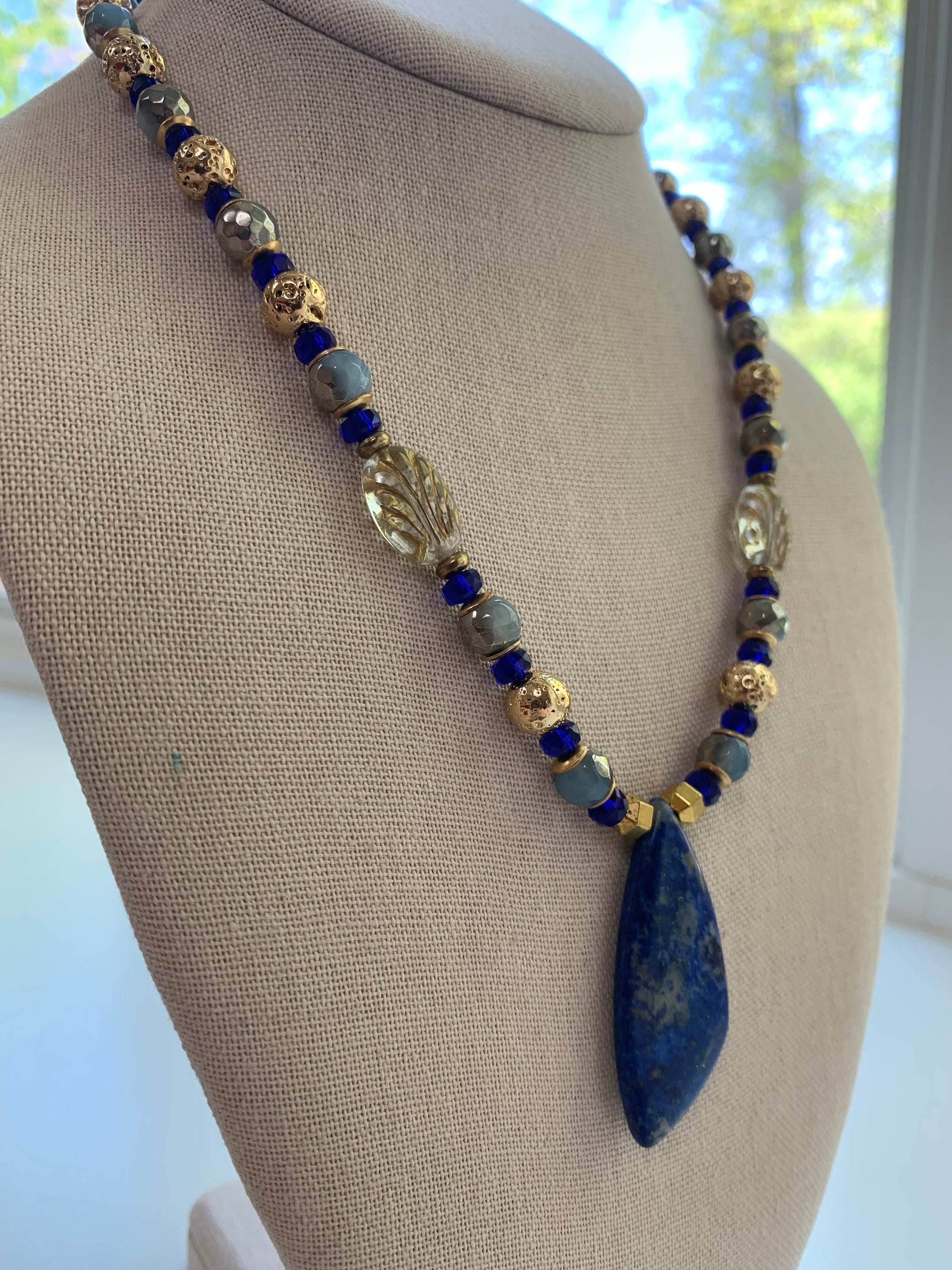 Blue & Gold Gemstone Beaded Necklace With Lapis Freeform Pendant ...