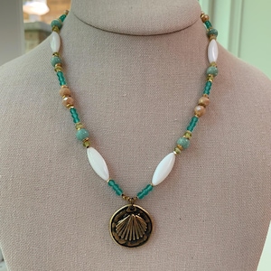 Beachy Bronze Shell Charm Macrame Necklace, Adjustable Necklace With Slider, Waxed Cord Beaded Gemstone Necklace