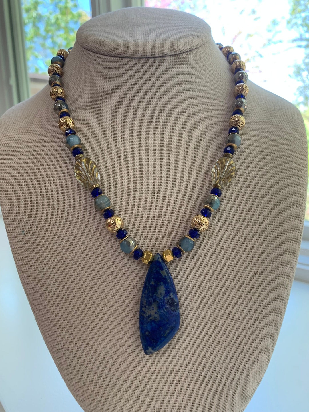 Blue & Gold Gemstone Beaded Necklace With Lapis Freeform Pendant ...