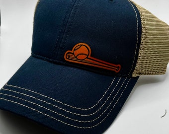 Baseball Dad Trucker Hat: Leather Patch Baseball & Bat Cap