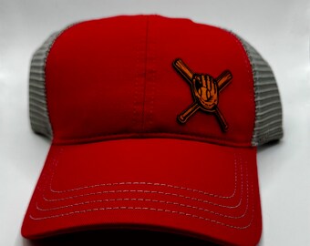 Baseball Dad Trucker Hat: Leather Patch, Baseball Bat & Glove