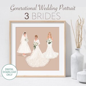 May include: A digital illustration of three brides in wedding dresses. The brides are standing in a line, with the oldest bride at the back and the youngest bride at the front. The brides are all wearing white dresses with different styles and lace details. The background is a light peach colour.