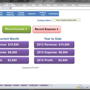 May include: A screenshot of a spreadsheet program showing a simple accounting dashboard with the headings "Current Month" and "Year to Date". The dashboard displays revenue, expense, and profit for both the current month and the year to date. The dashboard also includes buttons for "Record Income" and "Record Expense".