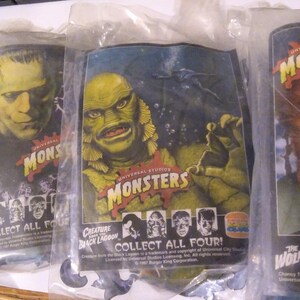 Rare Complete Set of 4 new in Packages 1997 Burger King Universal Monsters includes Dracula Frankenstein Wolfman Black Lagoon Creature