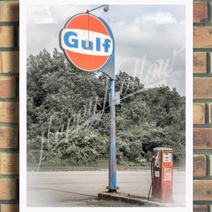 Old Gulf Gas Station Pump Photograph, Print, Vintage Service Station Sign, Gas And Oil Art, Garage Decor, Roadside Art, Abandoned Gas