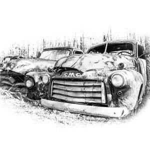 1953 GMC Pickup Truck Picture, 1953 Ford Pickup, Black & White, Fine Art Print, Rusty Truck, Sketch Look Rendering, Old Junkyard Photograph image 2