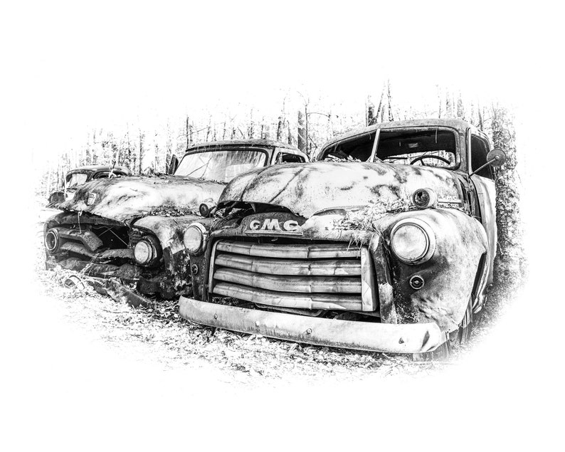 1953 GMC Pickup Truck Picture, 1953 Ford Pickup, Black & White, Fine Art Print, Rusty Truck, Sketch Look Rendering, Old Junkyard Photograph image 2