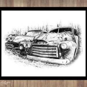 1953 GMC Pickup Truck Picture, 1953 Ford Pickup, Black & White, Fine Art Print, Rusty Truck, Sketch Look Rendering, Old Junkyard Photograph image 1
