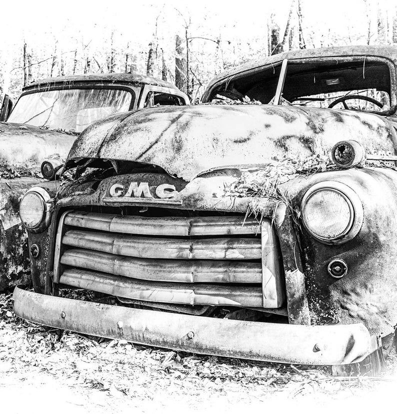 1953 GMC Pickup Truck Picture, 1953 Ford Pickup, Black & White, Fine Art Print, Rusty Truck, Sketch Look Rendering, Old Junkyard Photograph image 3