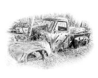 Old Abandoned 1953 Ford F-100 Pickup Truck Black & White Fine Art Print Photography Picture Rendering Sketch Look Junkyard