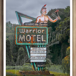 Old Roadside Sign, Warrior Motel, Cherokee North Carolina, Color Print Picture Art, Neon Motel Sign, Abandoned Motel, Travel Decor