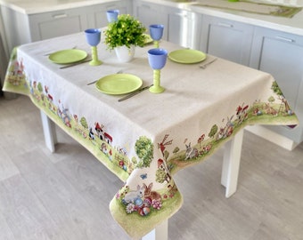 Mantel de Pascua, Textil de Pascua, Mantel de Pascua con Huevos Conejito, Ropa de mesa para mesa cuadrada o rectangular, Mantel, Textil para el hogar