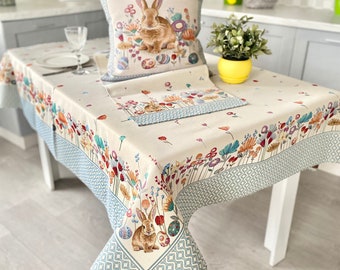 Easter Tablecloth’s, Easter Textile, Easter Tablecloth with Eggs Bunny, Table Linens for Square or Rectangle Table, Tablecloth, Home Textile