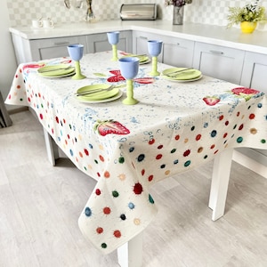 Tablecloth with strawberry ornaments, Farm house tablecloth, Tapestry tablecloth, Mom gift, Housewarming gift, Kitchen tablecloth
