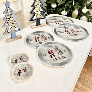 Round Christmas cup placemats, Table linens, Winter table decoration, Tapestry cup placemats, Christmas gift idea