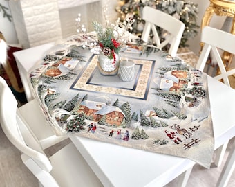 Winter in village, Christmas tableware, New Year and Christmas ornaments, Weihnachtstischdecken, New Year decor, Square Table Cover