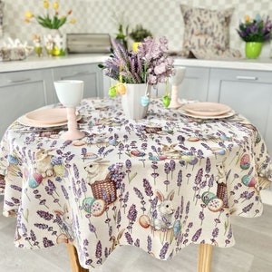 Violet round Easter tablecloth with bunnies and eggs, Tapestry tablecloth, Kitchen and dining table tablecloth, Easter gift for family