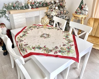 Winter ornaments tablecloth, Christmas tableware, Christmas dinner, Red Christmas ornaments, Weihnachtstischdecken, New Year decor, Square