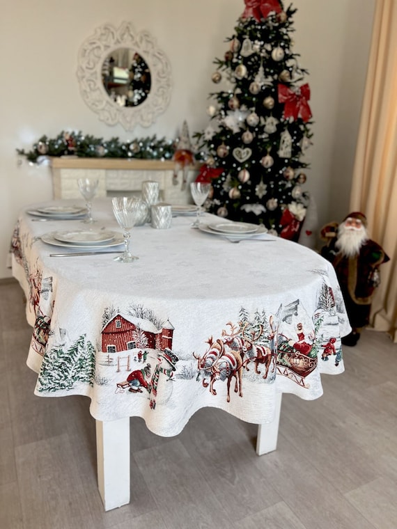 Ovale Tischdecke, Weihnachten Rentier & Weihnachtsmann, Ovale Tischdecke, Weihnachtsgeschenkidee, Schneemannmuster, Silberner Lurex Tischdecke, Weihnachten