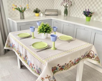 Rectangle Tablecloth’s, Easter Textile, Easter Tablecloth with Eggs Bunny, Table Linens for Square or Rectangle Table, Tablecloth, Textile