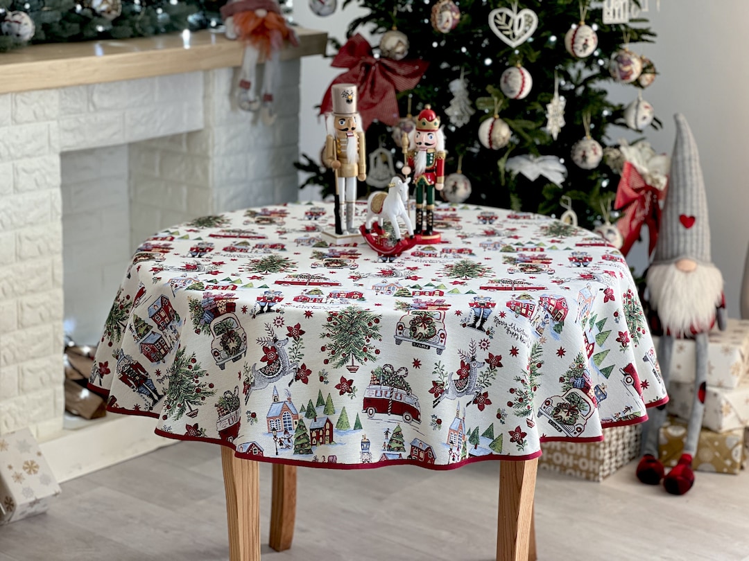 Custom Round Christmas Tablecloth Winter Ornaments Etsy