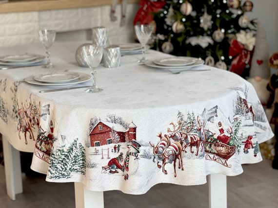 Ovale Tischdecke, Weihnachten Rentier & Weihnachtsmann, Ovale Tischdecke, Weihnachtsgeschenkidee, Schneemannmuster, Silberner Lurex Tischdecke, Weihnachten