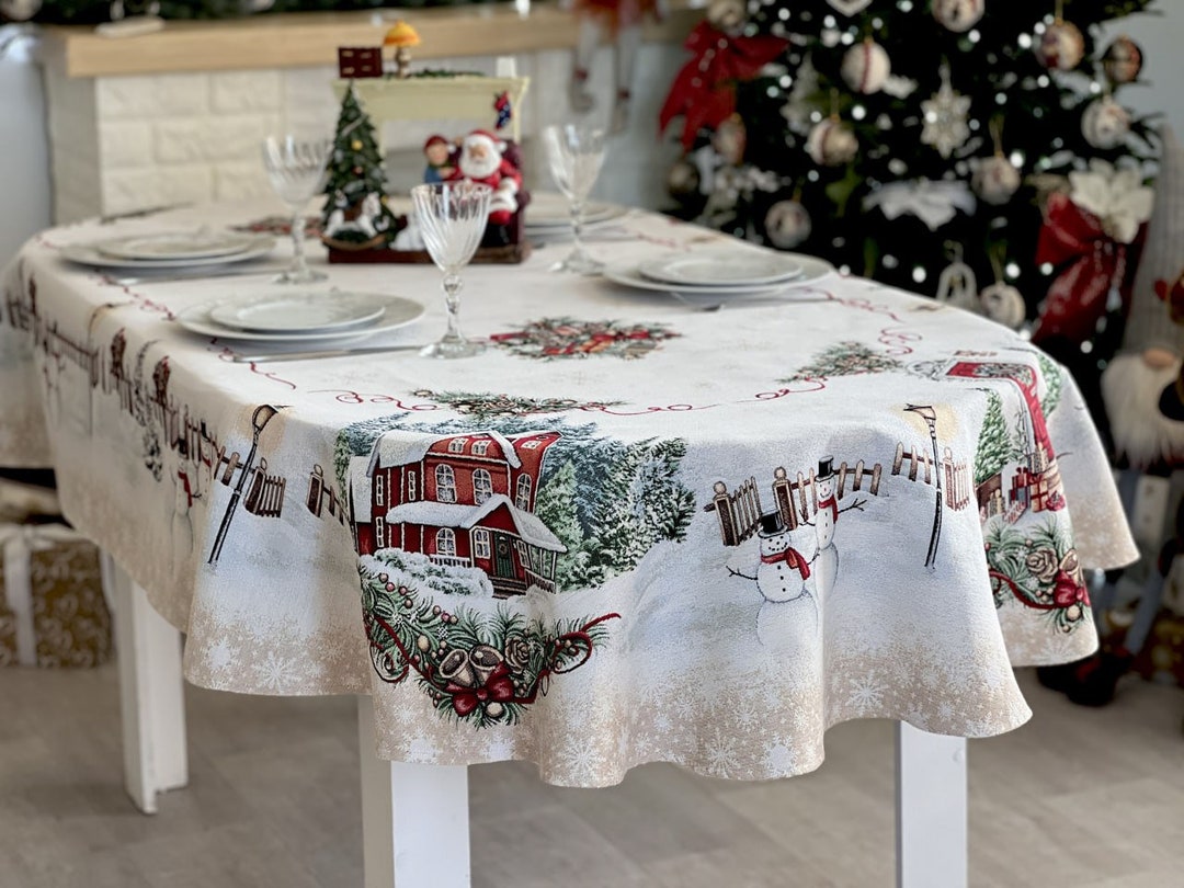 Oval Tablecloth, Christmas Ornamented Tablecloth, Elegant Tablecloth