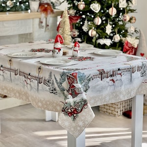 Xmas ornaments table linens, Tapestry tablecloth, Christmas tablecloth, Christmas table cover, Holiday New Year tablecloth, Christmas gift