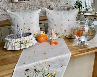 Mantel de lino de Pascua, Bordado de Pascua, Textil bordado, Servilleta de Pascua, Toalla de cesta de Pascua, Corredor de mesa de Pascua, Decoración de Pascua