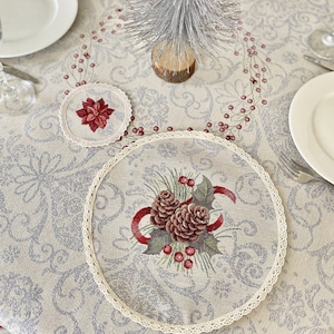 Lurex winter table napkins with winter flowers, New Year Family Gift, Christmas Gift, Tapestry Linens, Winter Table Napkin, New Christmas