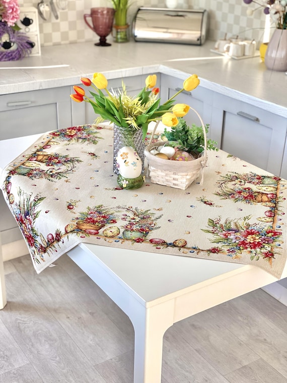 Quadratische Gobelin Tischdecke, Ostertischdecke, Ostertischdecke mit Eiern Hase, Tischwäsche für eckigen Tisch, Tischdecke, Frühlingsdeko