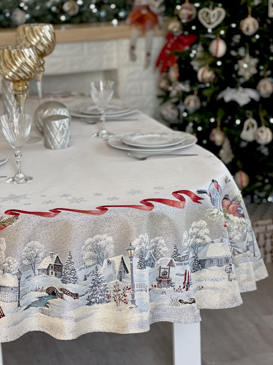 Oval Tablecloth, Christmas Ornamented Tablecloth, Elegant Tablecloth