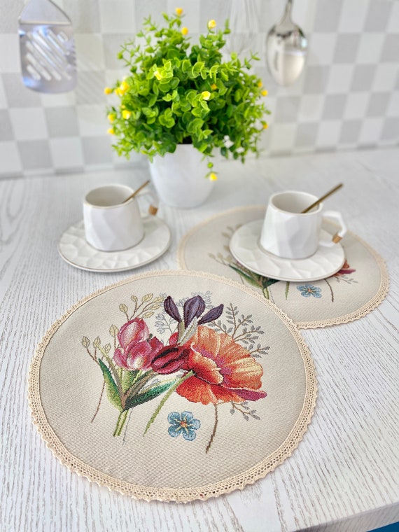 Runde Servietten, Textil, Florale Servierleinen, Wandteppich Tischdecke, Luxustextilien, individuelle Tischdecke, Küchenaccessoire, Florale Dekoration