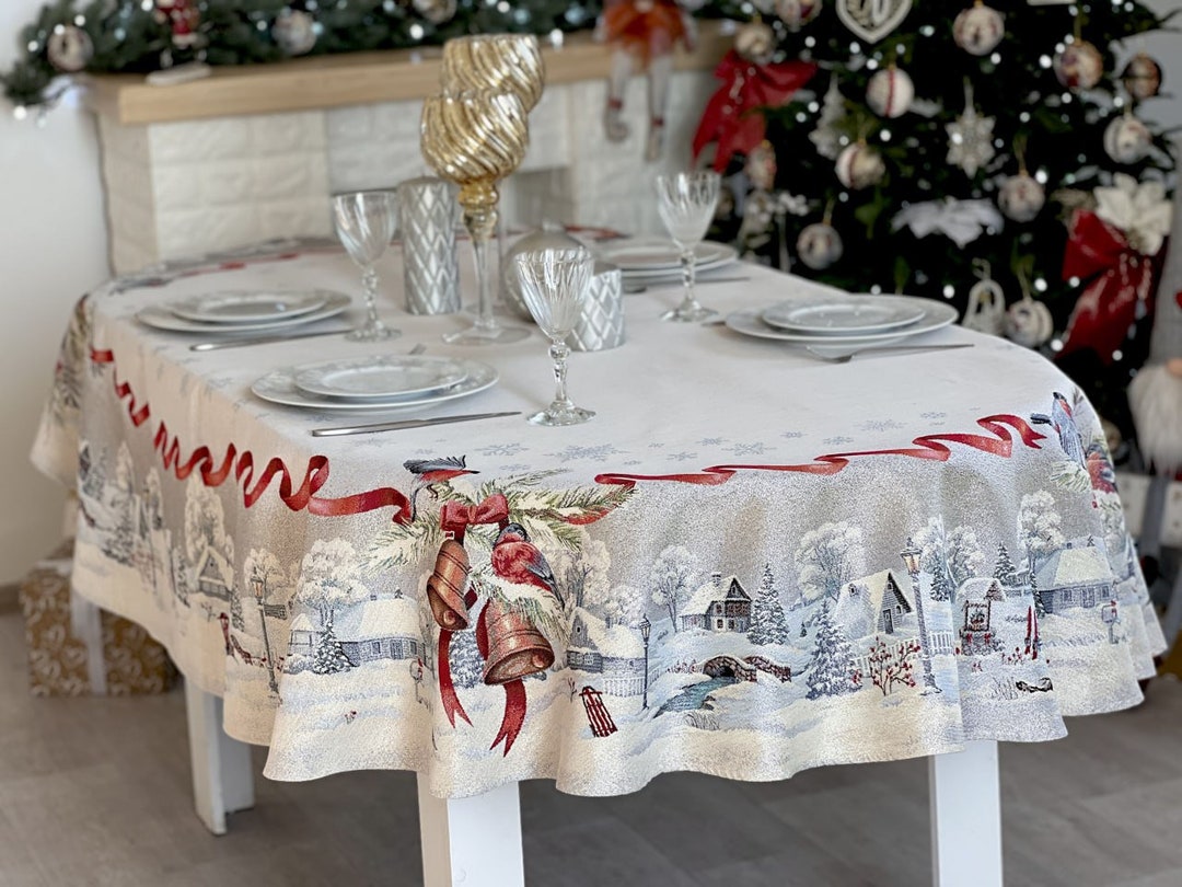 Oval Tablecloth, Christmas Ornamented Tablecloth, Elegant Tablecloth
