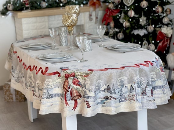 Tovaglia In Tela Cerata Natale Villaggio Di Natale 01228-00 - 140x180 Cm Ovale, Antiscivolo, Lavabile, Retro In Pile, Produzione Su Misura