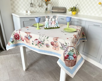 Rectangle Easter tablecloth, Easter home textile, Festive spring table cloth, Easter bunnies & eggs, Easter collection, Family gift