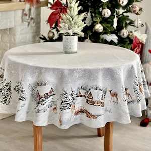 Silver lurex table cloth, Winter Deers, Tapestry tablecloth, Christmas tablecloth, Christmas table cover, Holiday New Year tablecloth
