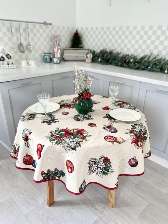 Custom runde Weihnachtstischdecke, Winterornamente Tischdecke, Tapisserie Tischdecke, Weihnachtstischdecke, Runde Tischdecke
