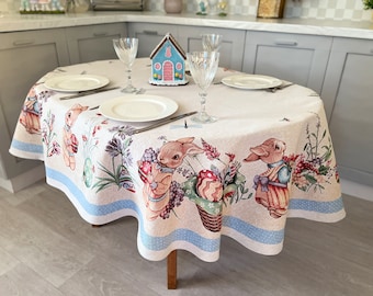Oval Easter tablecloth, Easter home textile, Festive spring table cloth, Easter bunnies & eggs, Easter collection, Family gift
