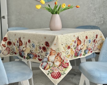 Rectangle Easter table cover, Spring design tablecloth, Family gift idea, Easter eggs and bunnies, Easter gift, Table decoration, Easter