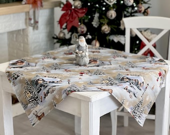 Holiday Tablecloth, Square Table Cover Christmas tableware, Christmas dinner, Gold Christmas ornaments, Weihnachtstischdecken, New Year Home