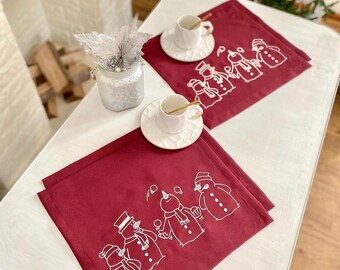 Manteles individuales con bordado, mantelería de muñeco de nieve, manteles individuales con adornos de Año Nuevo, decoración de mesa de invierno, regalo de Navidad